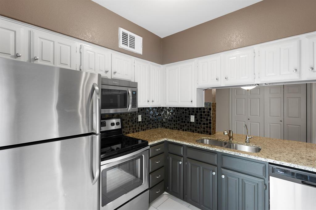 4130 Proton Drive, Unit 6D Addison, TX 75001 - Photo 10 of 38 a kitchen with granite countertop a refrigerator and a sink