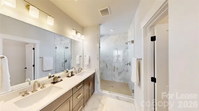 a bathroom with a double vanity sink mirror double shower and a bathtub