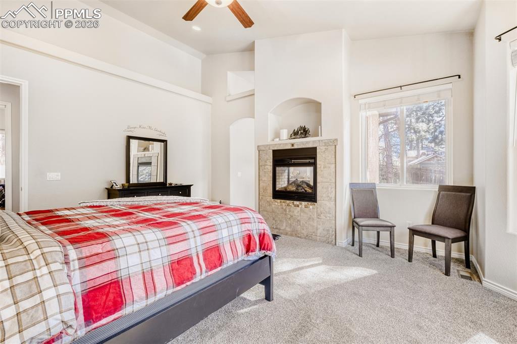 4519 Edwards Place Cascade, CO 80809 - Photo 19 of 47 Main Level primary ensuite bedroom with fireplace and awesome mountain views