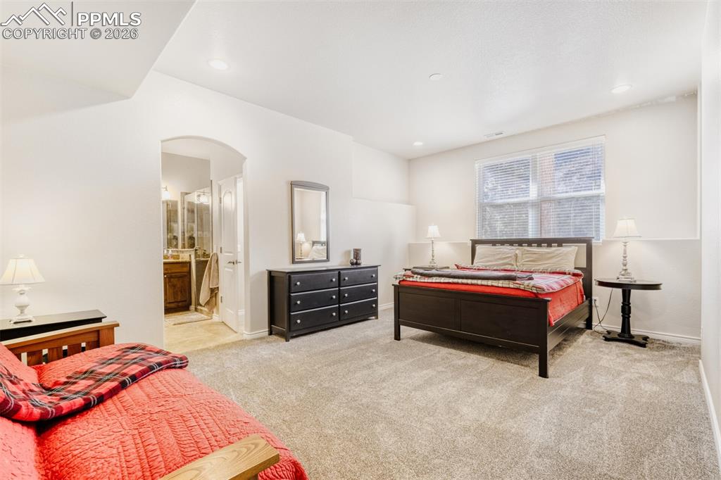 4519 Edwards Place Cascade, CO 80809 - Photo 29 of 47 Junior basement guest suite bedroom with new carpet floors, ceiling fan, and a 9' high ceiling