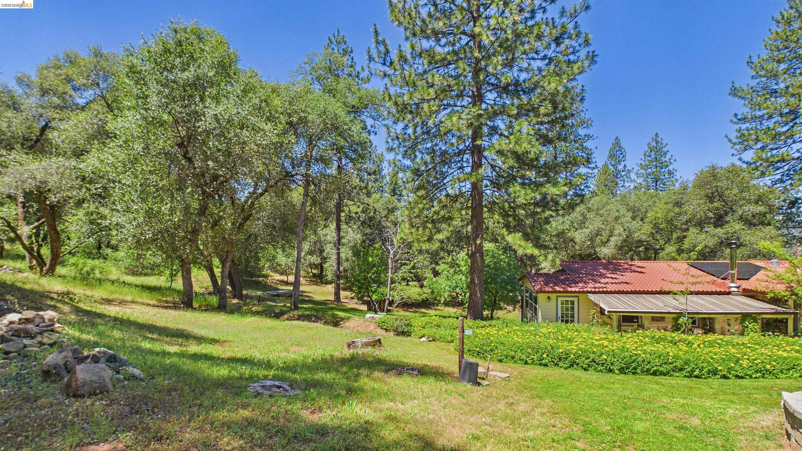 18102 Mt Eaton Road Tuolumne, CA 95379 - Photo 40 of 44 Expansive grassy yard with mature trees and a Mediterranean-style home featuring a terracotta tile roof, light-toned exterior, and multiple windows