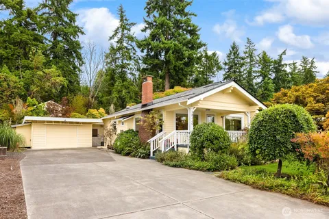a view of a yard in front of a house with plants and large trees