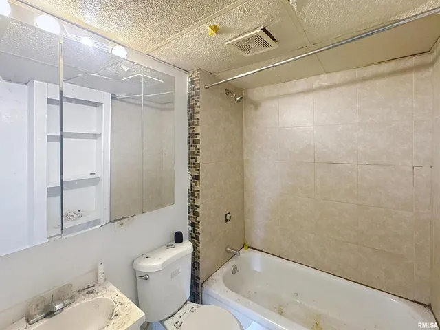 a bathroom with a bathtub shower sink vanity and toilet