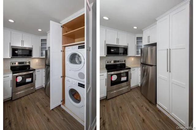 a kitchen with refrigerator a microwave and cabinets