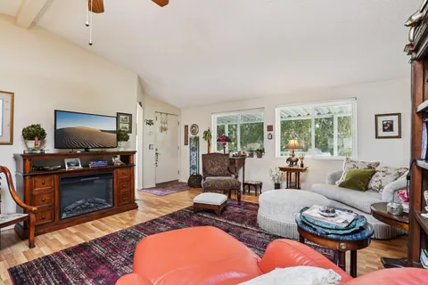 a living room with furniture a flat screen tv and a fireplace