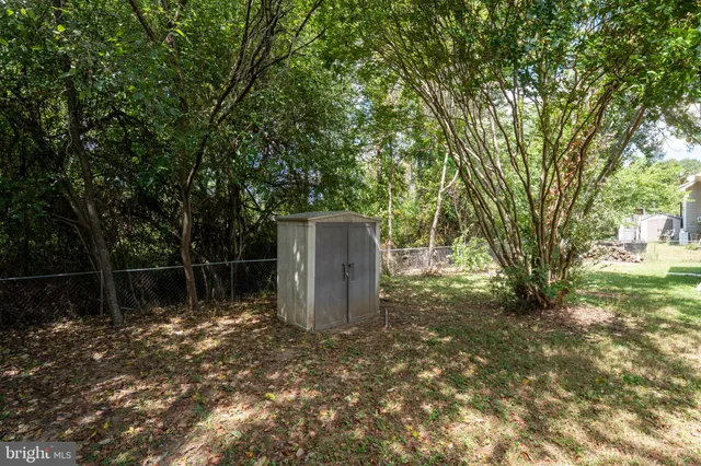 a backyard of a house with lots of plants and large tree