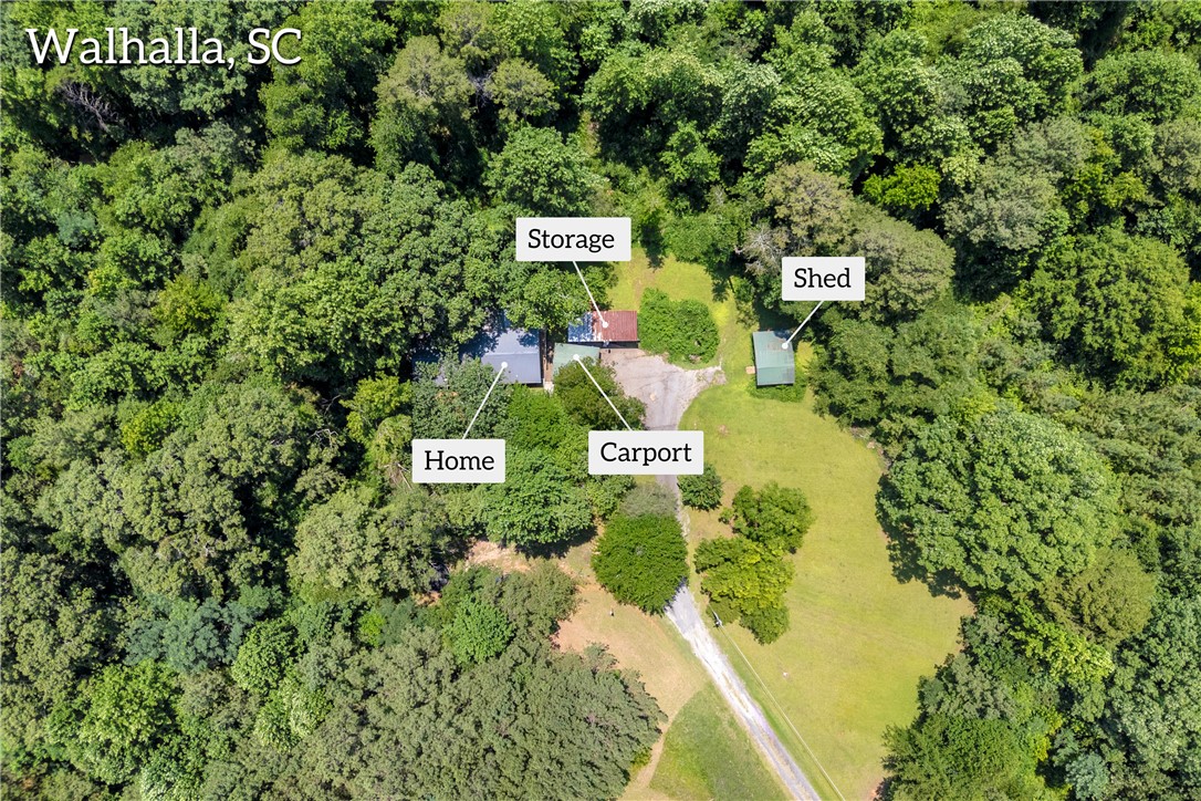 162 Newberry Road Walhalla, SC 29691 - Photo 38 of 50 An aerial view of a secluded property, highlighting the main residence, storage building, carport, and shed amidst dense woodland.