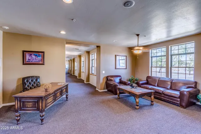 a view of a yard with plants and large trees