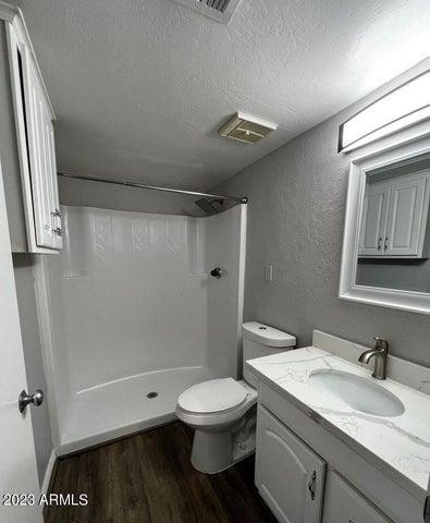 12221 West Bell Road, Unit 224 Surprise, AZ 85378 - Photo 8 of 12 a bathroom with a granite countertop sink toilet and shower