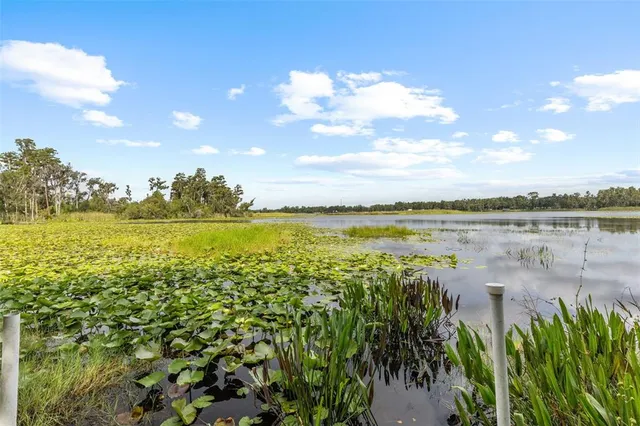 a view of a lake with houses in the back
