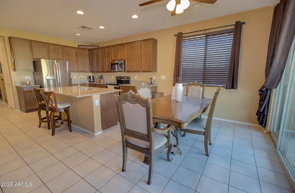 a view of a dining room with furniture