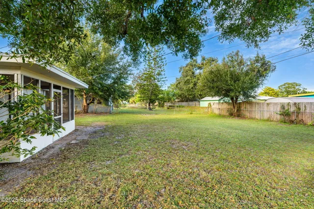 a view of a yard with plants and large trees