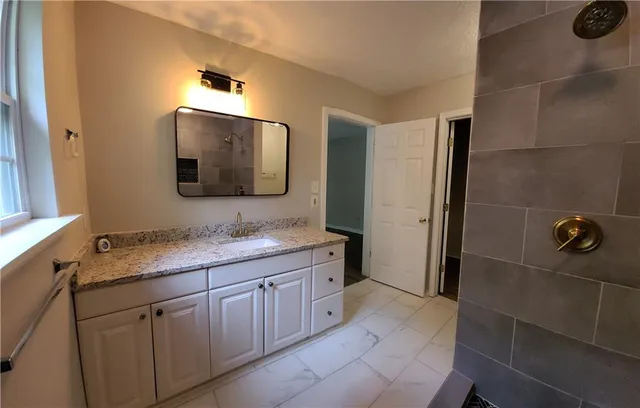 a bathroom with a granite countertop sink a mirror and a shower