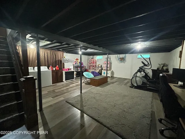 a view of a garage with storage