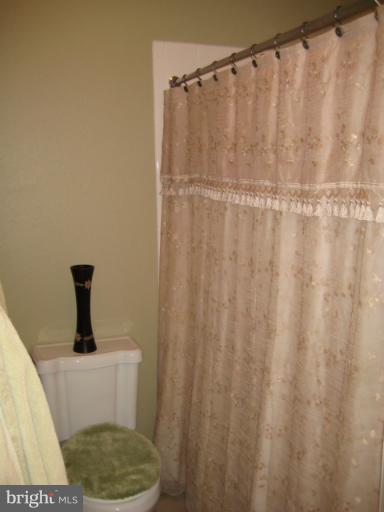a bathroom with a shower curtain and a sink