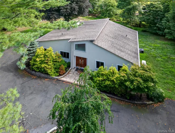 a aerial view of a house with a yard and potted plants