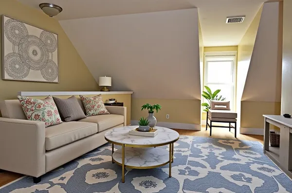 a living room with furniture and a table