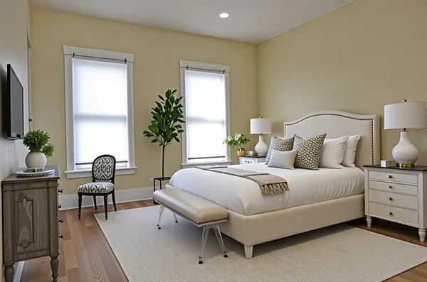 a bedroom with bed and a potted plant
