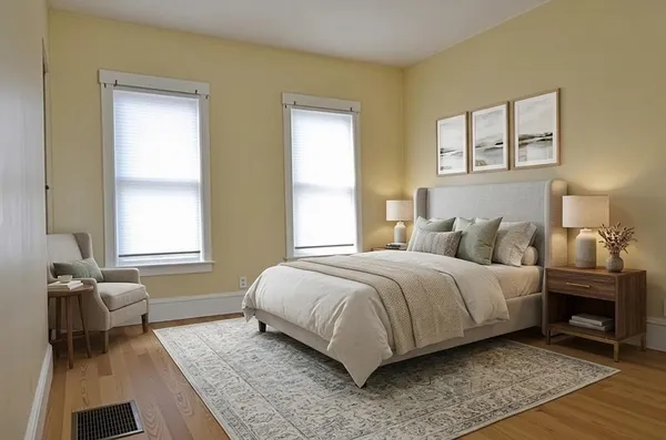 a bedroom with a bed and a couch