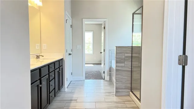a bathroom with a sink and a large mirror