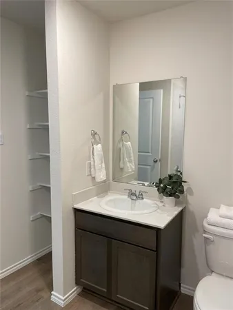 a bathroom with a sink toilet and mirror