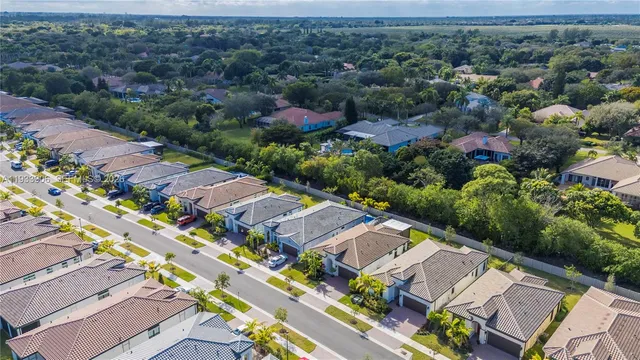 a aerial view of a house with pool and plants