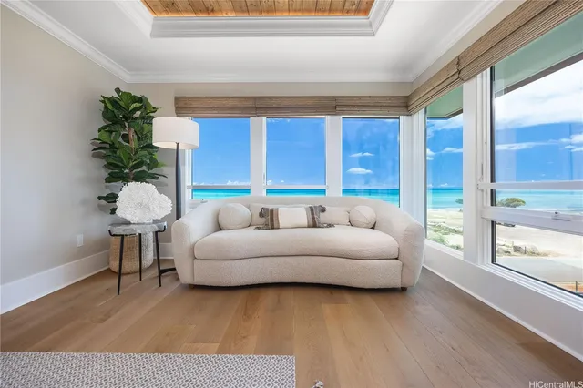 a living room with furniture and a potted plant
