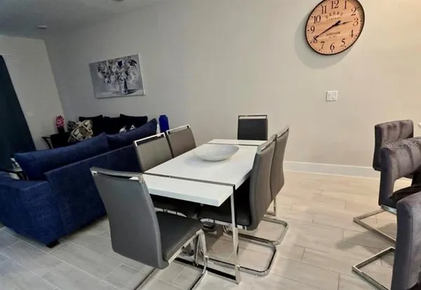 a view of a dining room with furniture