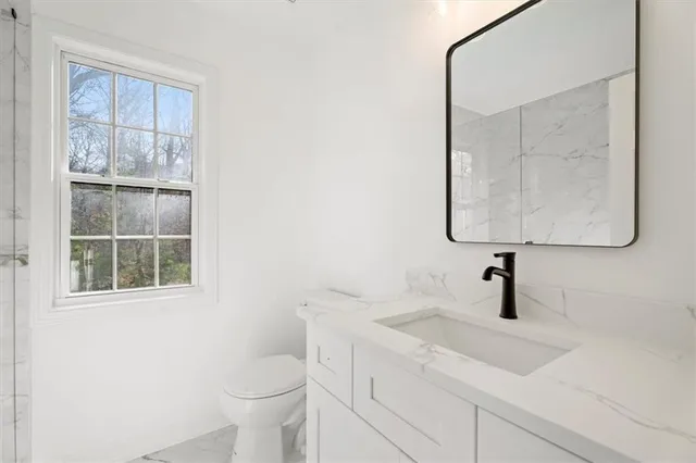 a bathroom with a toilet sink vanity and mirror