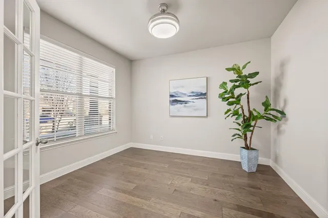 a view of a room with wooden floor and a potted plant