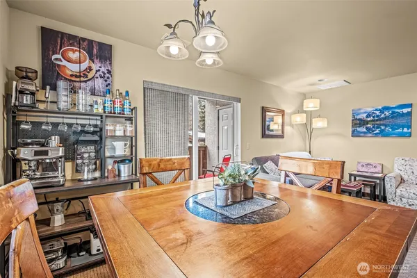 a view of a dining room with furniture