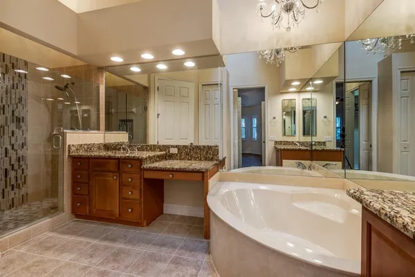 a bathroom with a granite countertop sink a large mirror and a shower