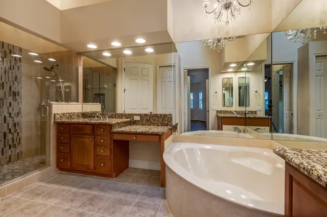 a bathroom with a granite countertop sink a large mirror and a shower