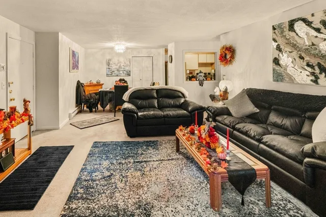 a living room with furniture and a rug