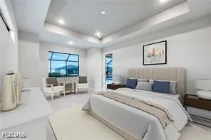 a bedroom with a balcony a bed and a large mirror