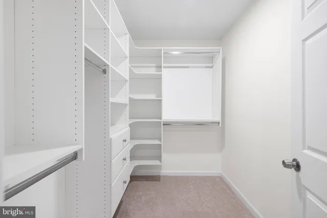 a view of walk in closet with empty racks