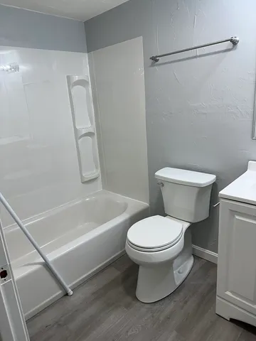 a white toilet sitting next to a bath tub