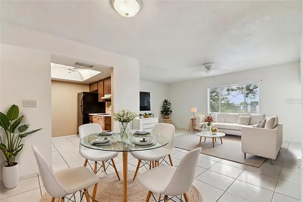 a view of a dining room with furniture