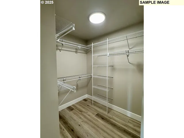 a room with walk in closet and wooden floor