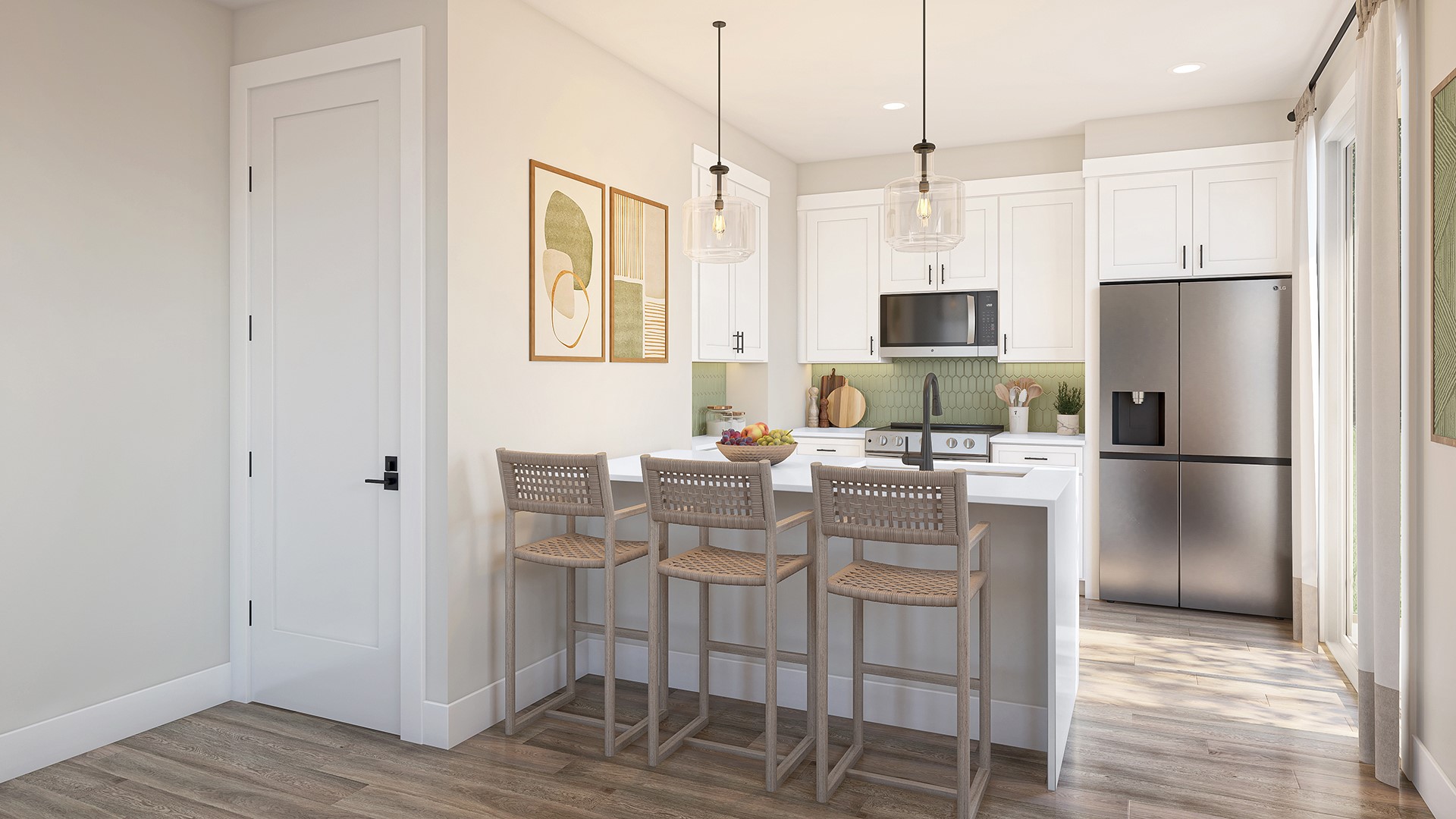 2420 Drew Lane, Unit 5 Austin, TX 78748 - Photo 2 of 5 Kitchen featuring stainless steel appliances, a peninsula, white cabinets, a breakfast bar, and hanging light fixtures