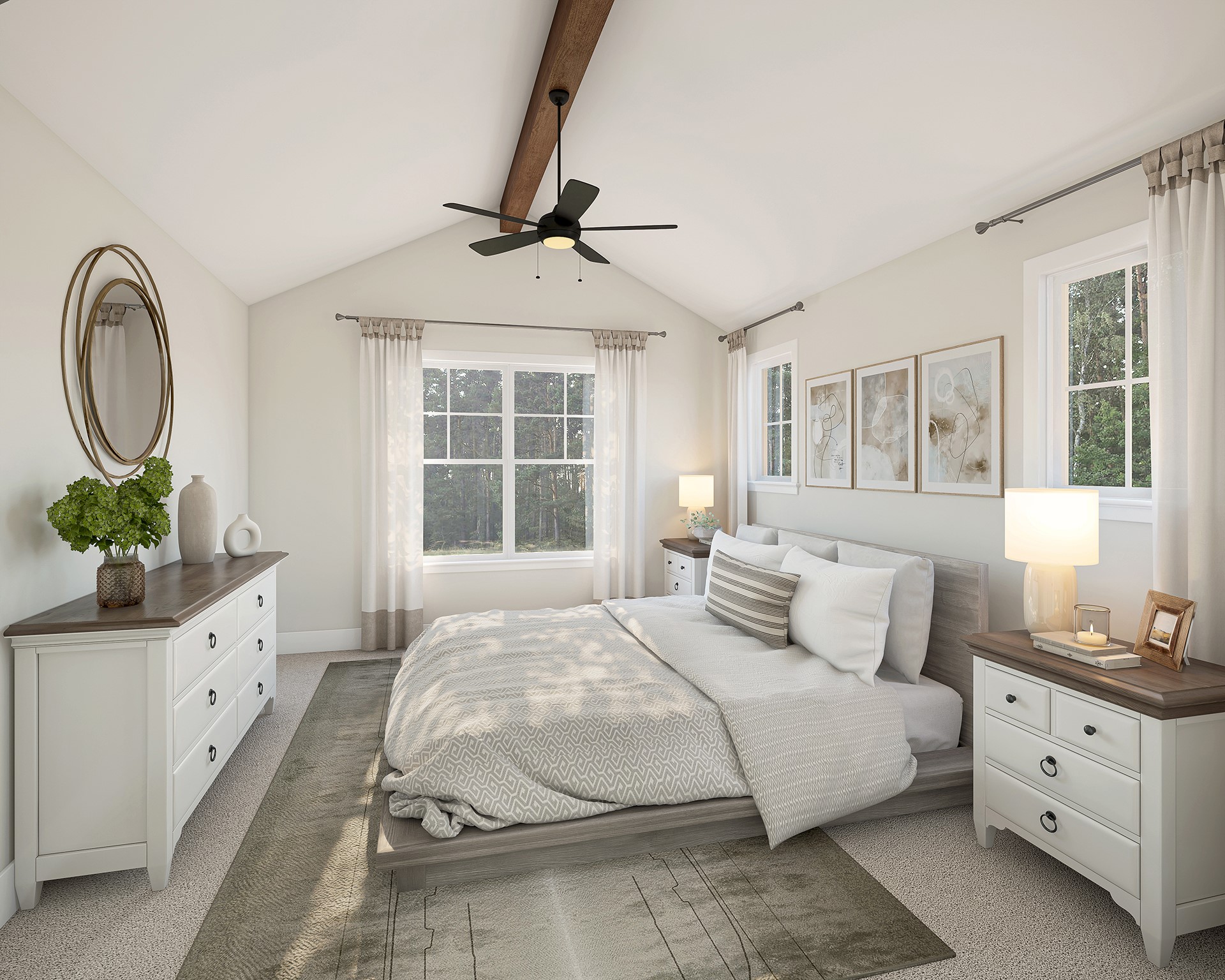 2420 Drew Lane, Unit 5 Austin, TX 78748 - Photo 5 of 5 Bedroom featuring carpet, multiple windows, beamed ceiling, and a ceiling fan