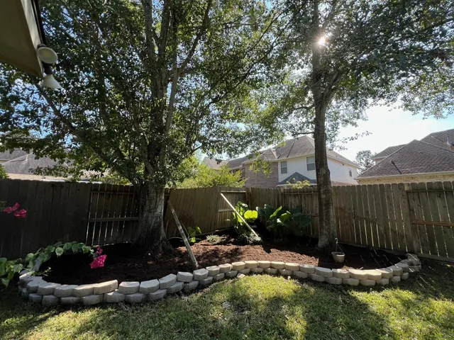 a view of garden with plants and trees
