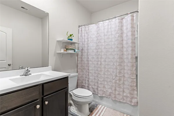 a bathroom with a sink a toilet and shower curtain