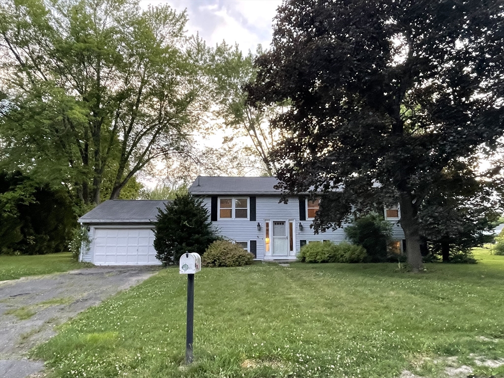 a front view of a house with a yard and tree