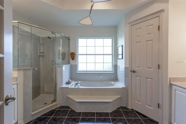 a bathroom with a shower a bathtub and a window