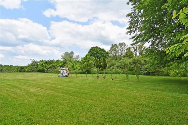 a green field with lots of trees in the background