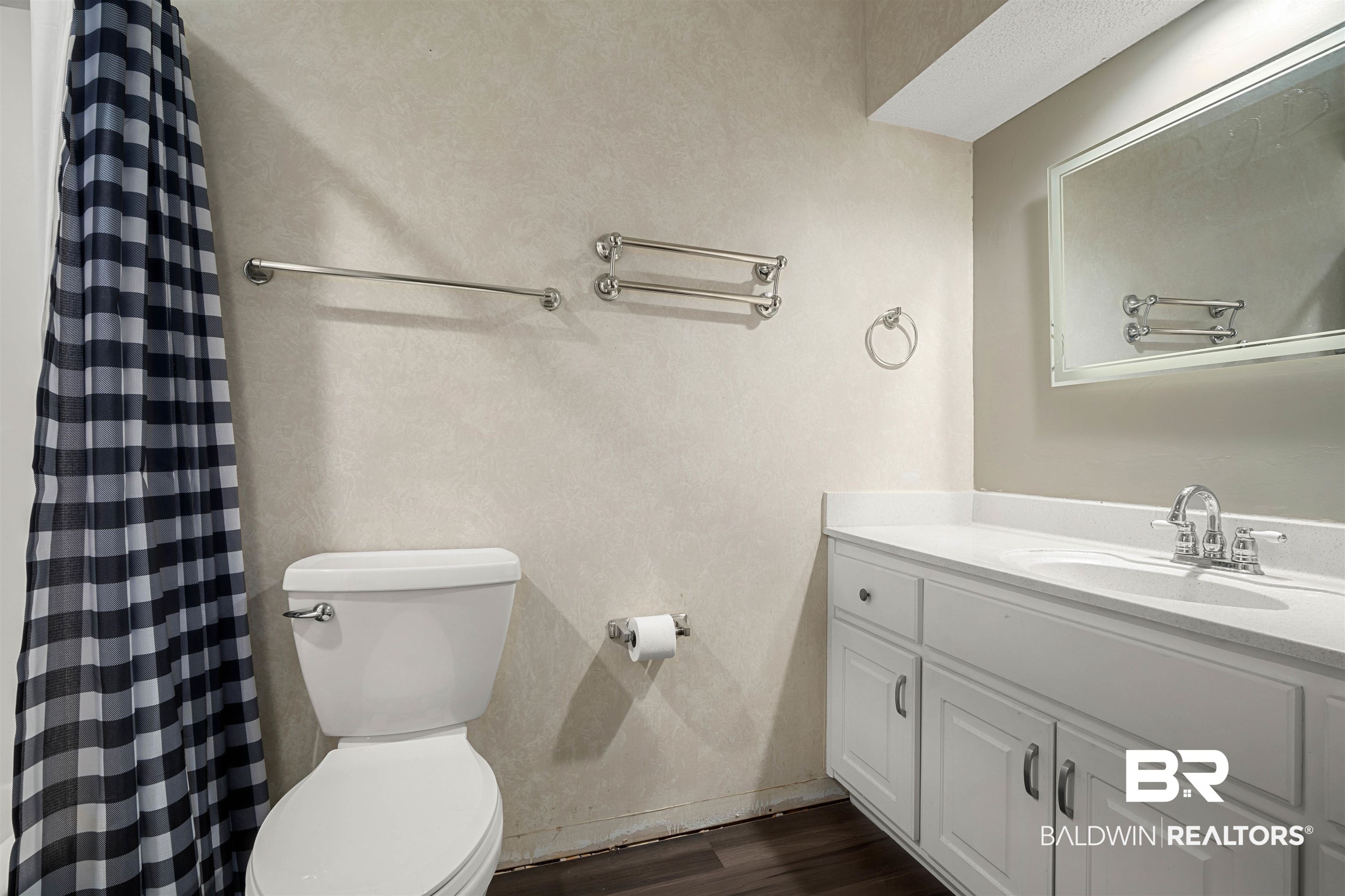 1609 Repoll Road Mobile, AL 36695 - Photo 16 of 22 Full bath with vanity, a shower with shower curtain, and dark wood-type flooring