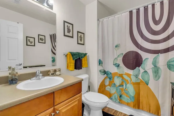 a bathroom with a sink a toilet and mirror