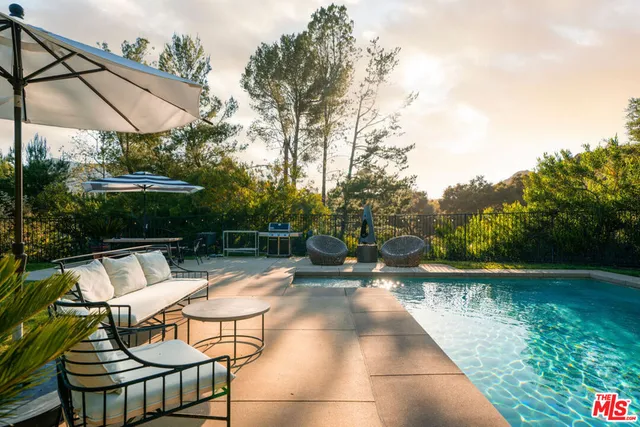 a view of swimming pool with lounge chair and dinning table under an umbrella