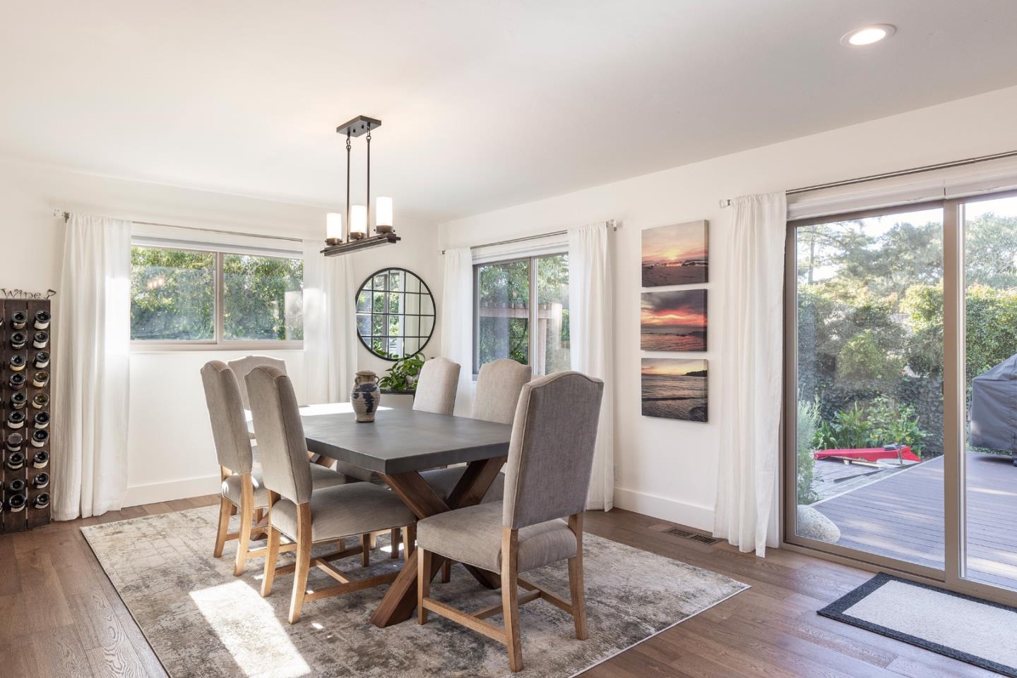 3128 Stevenson Drive Pebble Beach, CA 93953 - Photo 25 of 35 a dining room with furniture a chandelier and wooden floor